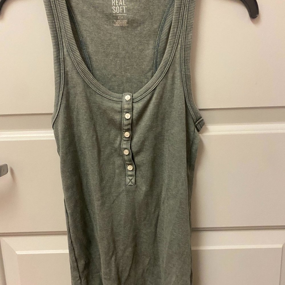 Aerie Real Soft Ribbed Henley Tank Olive Green